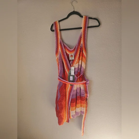 Anthropologie FARM Rio Orange And Pink Crochet Mini Dress With Belt - Picture 3 of 5